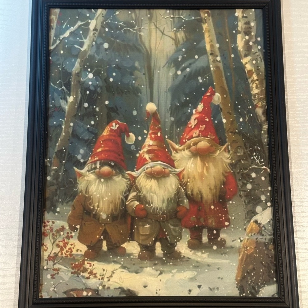8x10 Three Gnomes Dwarves Christmas Holiday Rustic Print Framed Snow Art